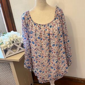 Sanctuary red white blue floral long split sleeve blouse Size L New